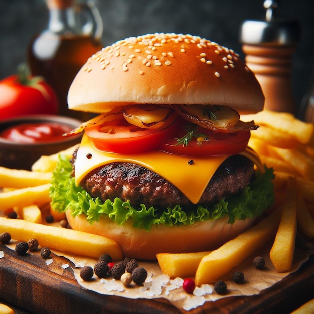 Hamburguesa de carne a la parrilla con papas fritas, queso y tomate.