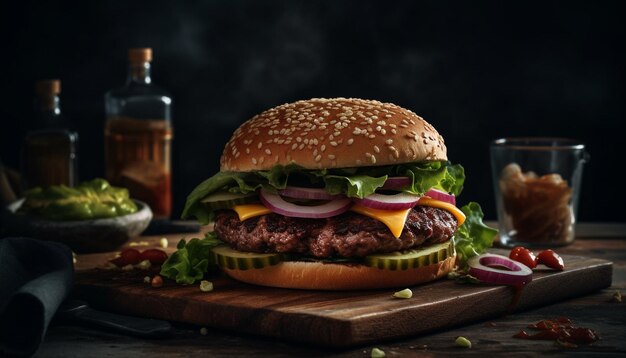 Hamburguesa de carne a la parrilla con queso, tomate, cebolla y papas fritas generadas por inteligencia artificial