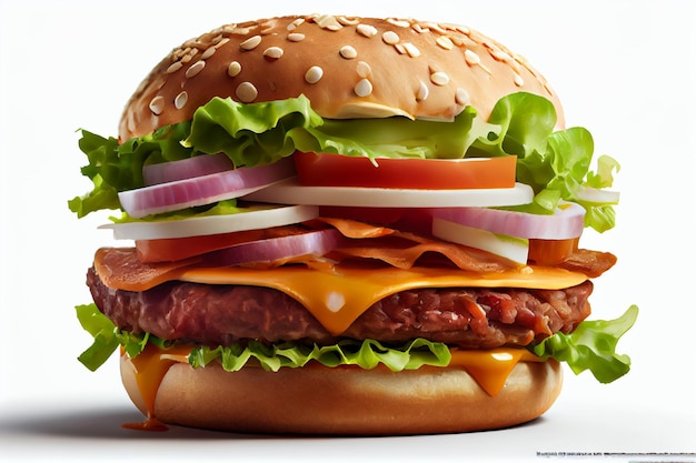 Una hamburguesa con carne, queso y cebolla.
