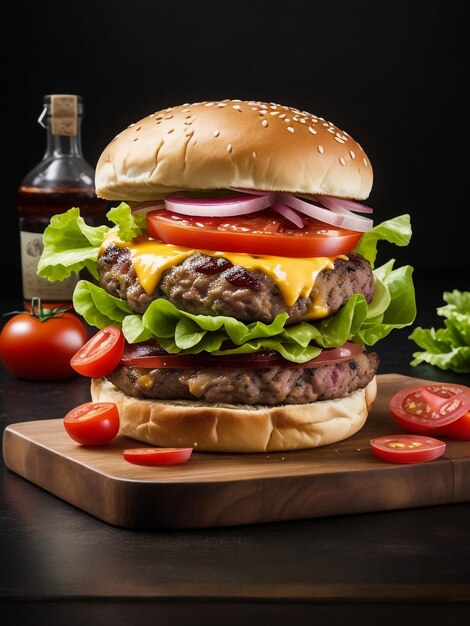 Una hamburguesa de carne rellena de verduras y aperitivos y servida con papas fritas