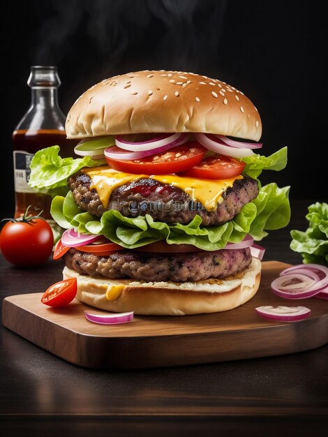 Una hamburguesa de carne rellena de verduras y aperitivos y servida con papas fritas