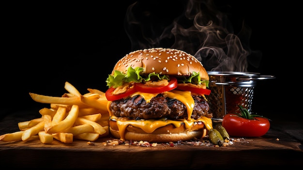 Una hamburguesa con carne de res, muchos pepinos en salsa y tomates en fondo oscuro.