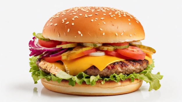 Una hamburguesa de carne de res con un pan de pollo tierno de color marrón dorado