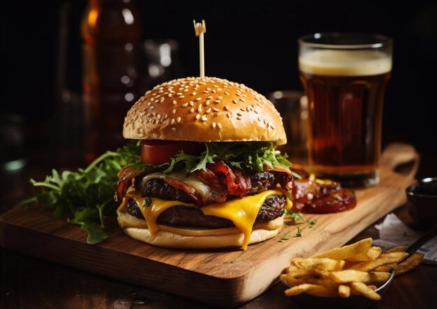 Hamburguesa de carne de res con papas fritas y cerveza lager sobre fondo de maderaAI Generative