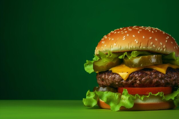 Hamburguesa con carne de res con queso y pepino sobre fondo de color verde lima con espacio para copiar