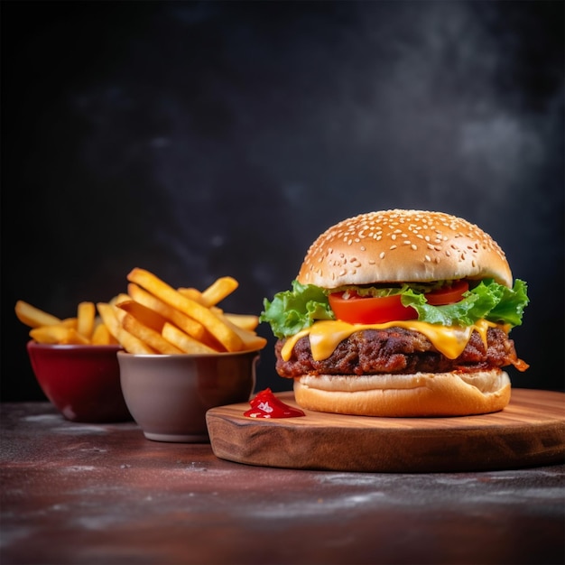 Hamburguesa de carne sabrosa con papas fritas