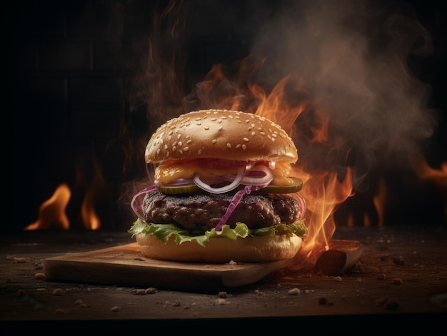 hamburguesa de carne en tablero de madera con llamas de fuego alrededor