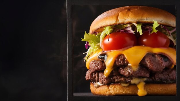 Hamburguesa de carne con tomate, queso y ensalada en fondo oscuro