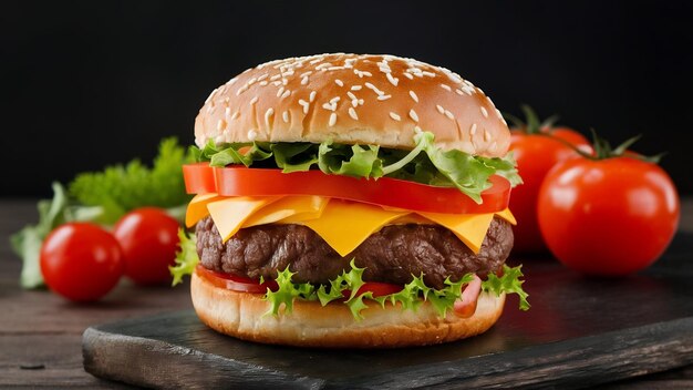 Hamburguesa de carne con tomate, queso y ensalada en fondo oscuro