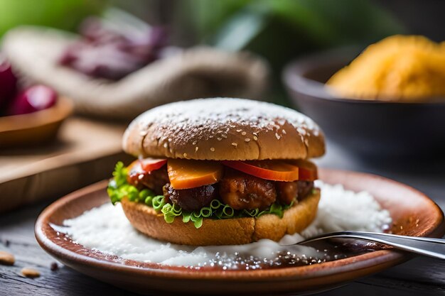 Una hamburguesa con carne y verduras en un plato.