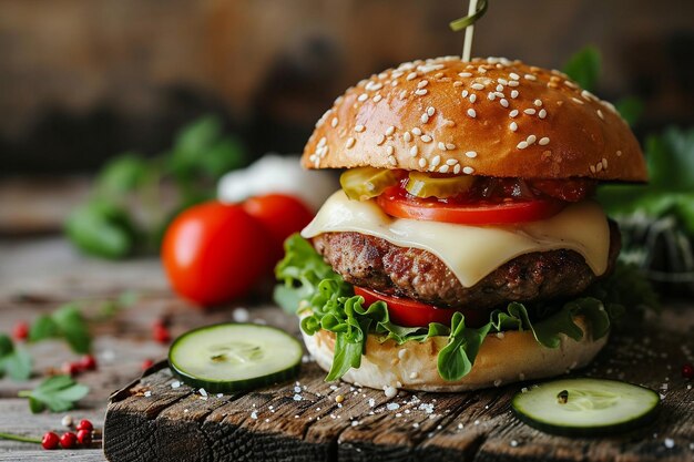 Foto hamburguesa casera con chuleta de carne, ensalada de tomate, pepinos encurtidos y queso.