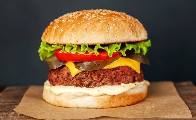 Hamburguesa casera con lechuga, tomate, queso y pepino en una tabla para cortar