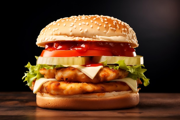 Hamburguesa casera o hamburguesa con pollo en plato de madera