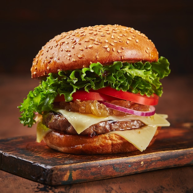 Hamburguesa casera con queso de res y mermelada de cebolla en una tabla de madera concepto de comida rápida comida americana