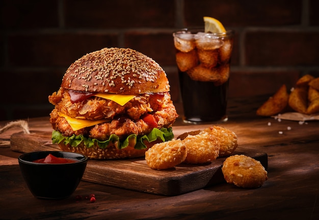 Hamburguesa casera sabrosa fresca en mesa de madera.