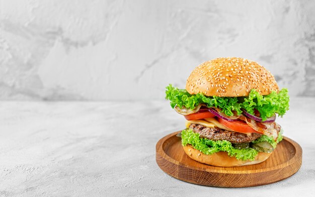 Hamburguesa casera con verduras frescas con espacio de copia