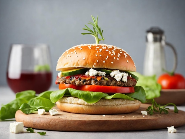 Hamburguesa casera con verduras frescas y queso feta sobre un fondo gris IA generativa