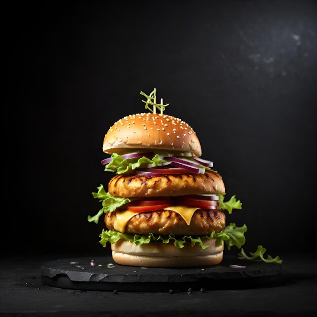 Hamburguesa casera con verduras frescas sobre fondo negro en tono