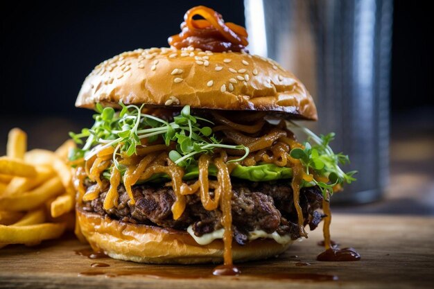 Hamburguesa con cebolla crujiente y paja