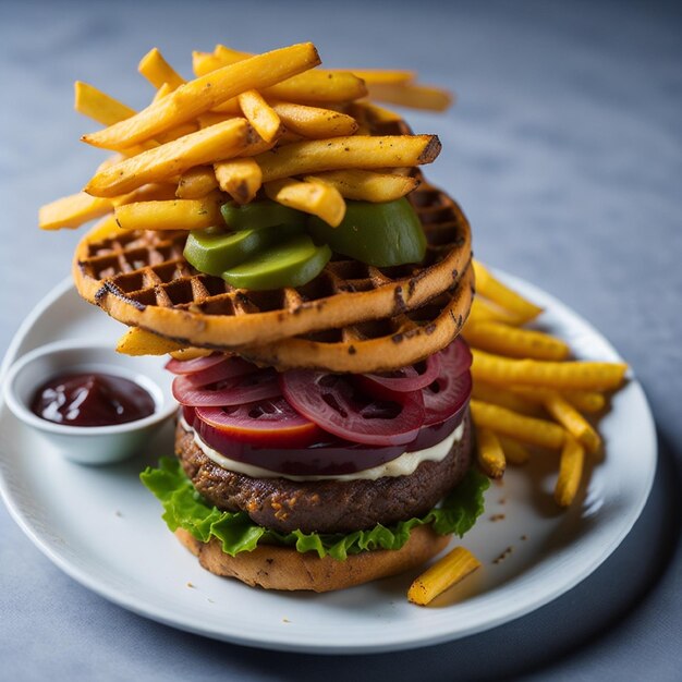 Una hamburguesa con cebolla y pepinillos encima