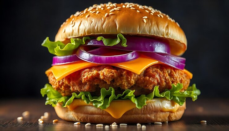 una hamburguesa con cebollas cebollas y cebollas en él