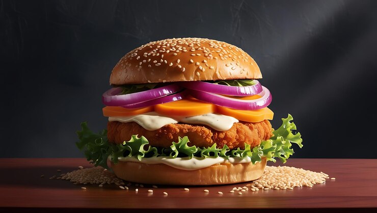 una hamburguesa con cebollas cebollas y cebollas en una tabla de madera