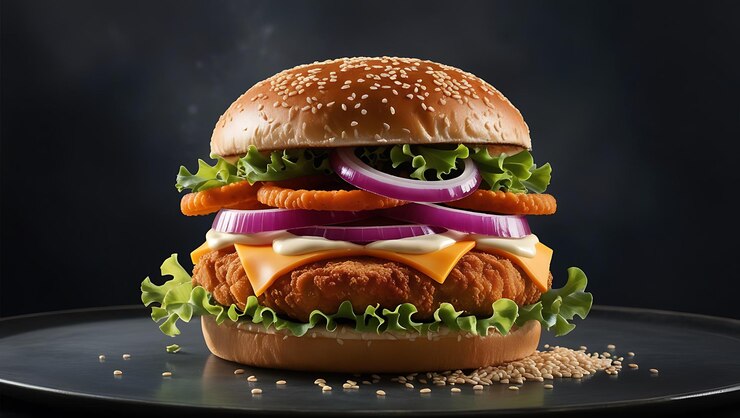 una hamburguesa con cebollas y cebollas en ella se sienta en una mesa
