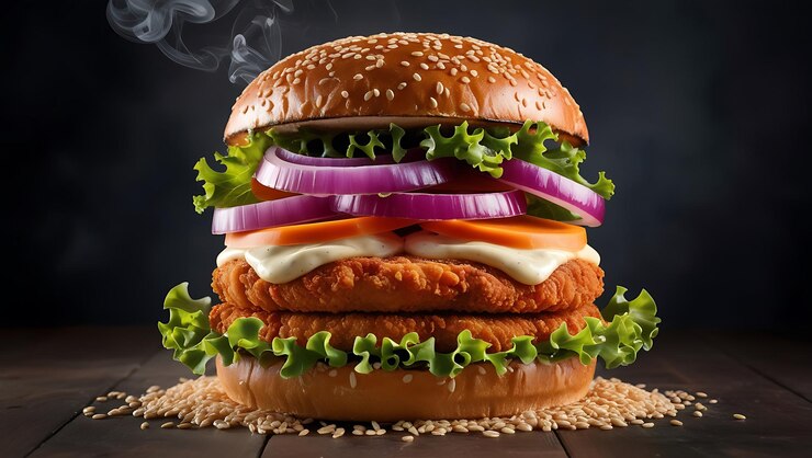 una hamburguesa con cebollas y cebollas en ella se sienta en una mesa
