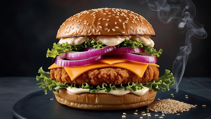 una hamburguesa con cebollas y cebollas en ella se sienta en una mesa