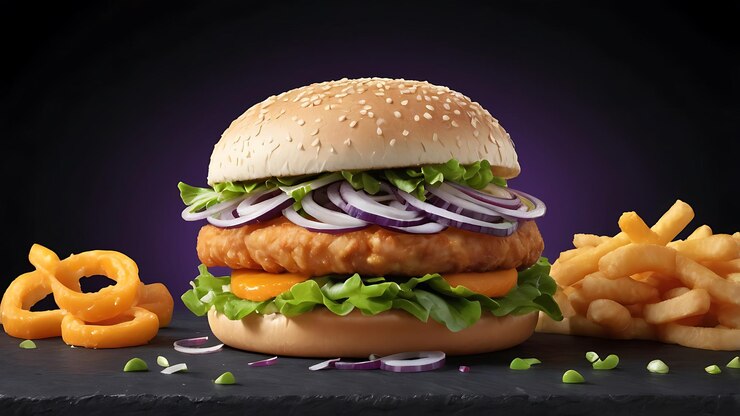 una hamburguesa con cebollas y cebollas en ella se sienta en una superficie negra