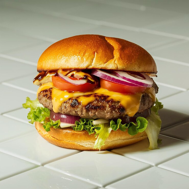una hamburguesa con cebollas y cebollas en una mesa blanca