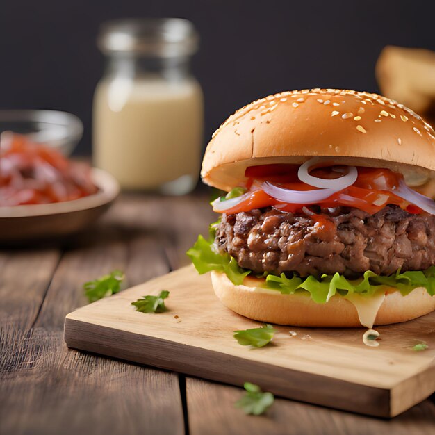 una hamburguesa con cebollas y cebollas en una mesa de madera