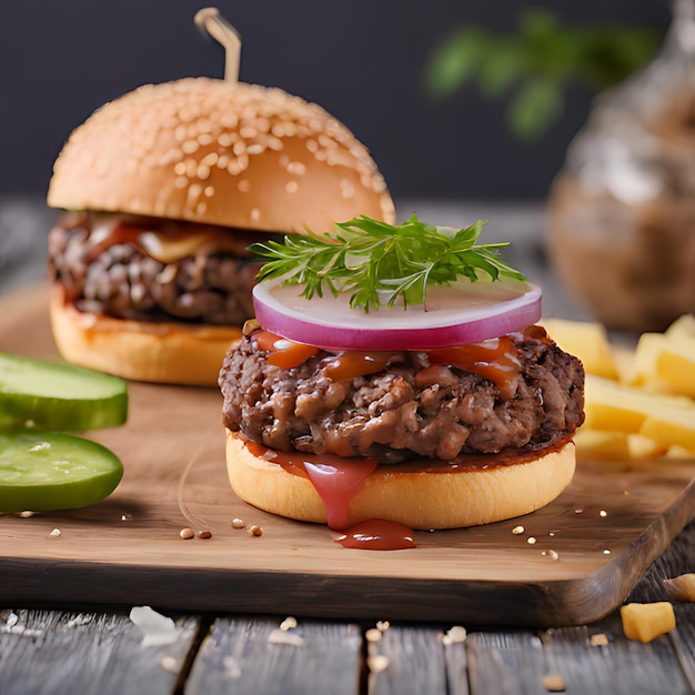 una hamburguesa con cebollas y ketchup en una tabla de madera