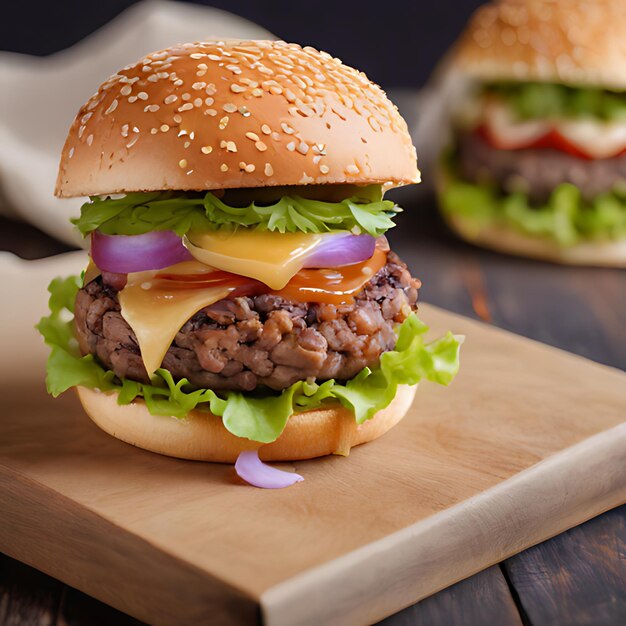 una hamburguesa con cebollas y queso en una tabla de madera