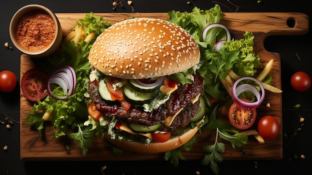 una hamburguesa con cebollas y verduras en una tabla de madera