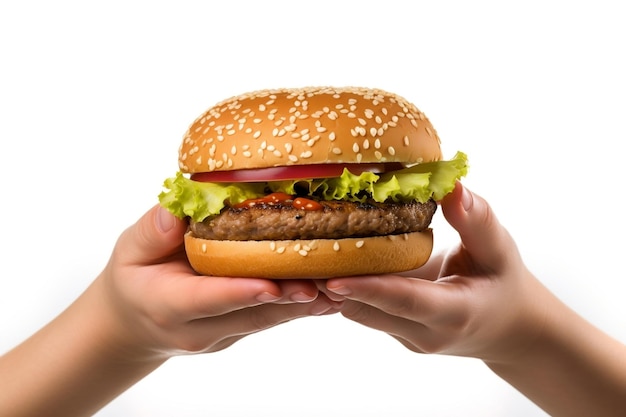 Hamburguesa celebrada en manos en la ilustración de fondo transparente