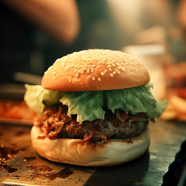 Hamburguesa de cerdo en un puesto de comida callejera