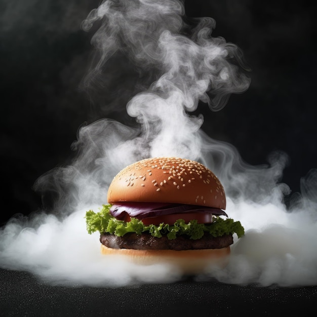 Foto hamburguesa cerrada estilo real humo y fondo bokeh estilo raw generative ai