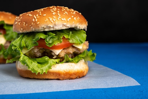 Hamburguesa con chuleta de pollo, queso, tomates y hierbas.