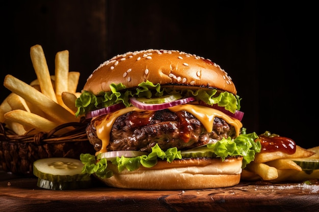 Hamburguesa clásica de ángulo alto con papas fritas