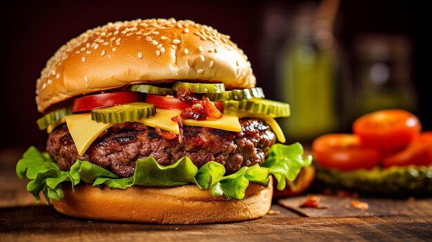 Foto hamburguesa clásica de carne de res y queso de tomate de tamaño grande y pequeño