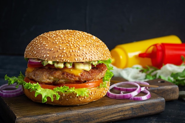 Hamburguesa clásica casera con chuleta de ternera queso lechuga y tomate