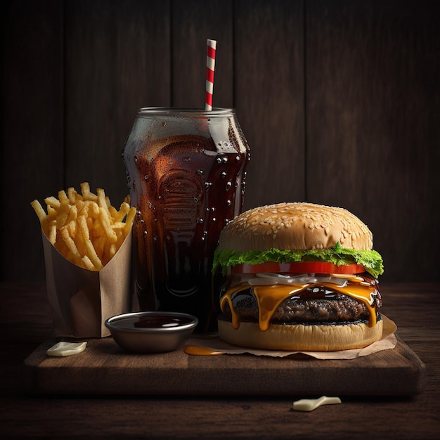 Hamburguesa con coca cola y patatas fritas aisladas sobre fondo de mesa de madera. Deliciosa hamburguesa con queso a bordo.