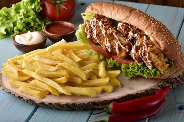 Foto hamburguesa de comida rápida hamburguesa deliciosa con tiras de carne frita lechuga de tomate y cebolla crujiente pan de harina de trigo blanco con semillas de sésamo tema de la comida