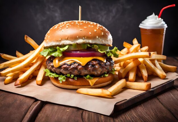 una hamburguesa con una copa de café y una taza de café