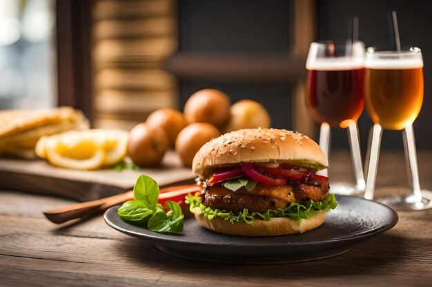 Una hamburguesa con una copa de vino al lado.