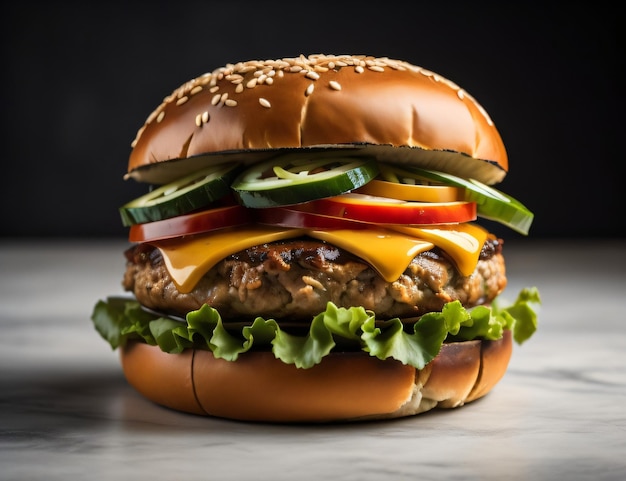 Una hamburguesa crujiente y sabrosa en un estante blanco con fondo oscuro con ai generativo