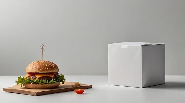 una hamburguesa con una cuchara de madera en una tabla de cortar al lado de una caja de tomates