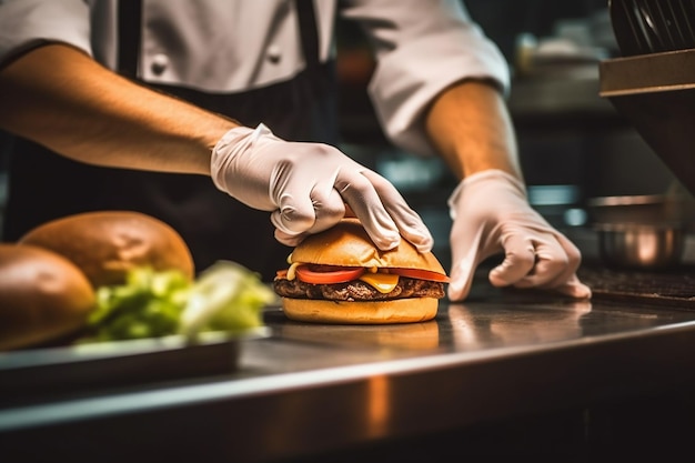 una hamburguesa con un cuchillo y un plato de verduras.