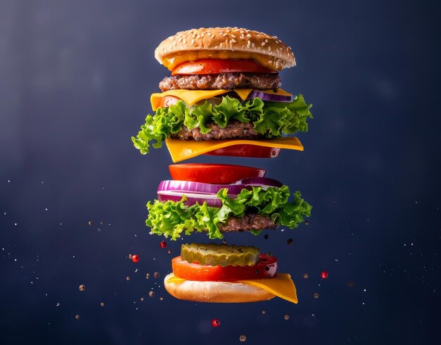 Una hamburguesa deconstruida con sus ingredientes flotando en el aire mostrando lechuga fresca, queso de tomate, tortitas de carne triple y anillos de cebolla